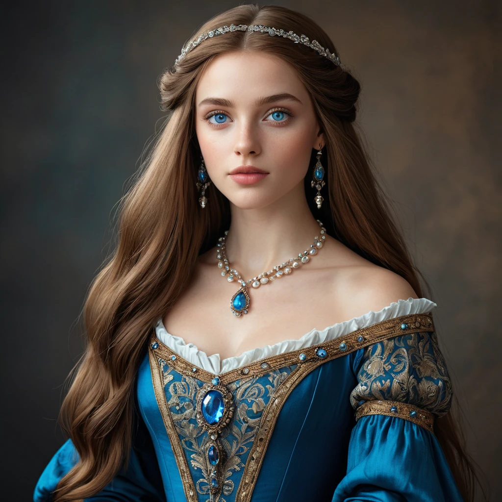 A gorgeous woman inspired by the Renaissance era, with long, straight brown hair and piercing blue eyes