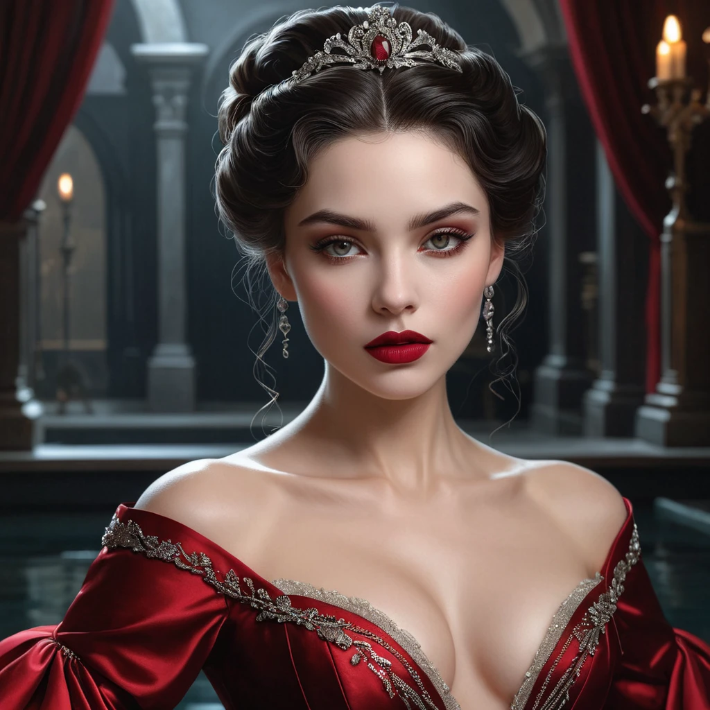 A sensual, 19th-century-inspired vampire courtesan with a ruby-red lip and a gown that seems to shimmer and shine like the surface of a still, dark pool.