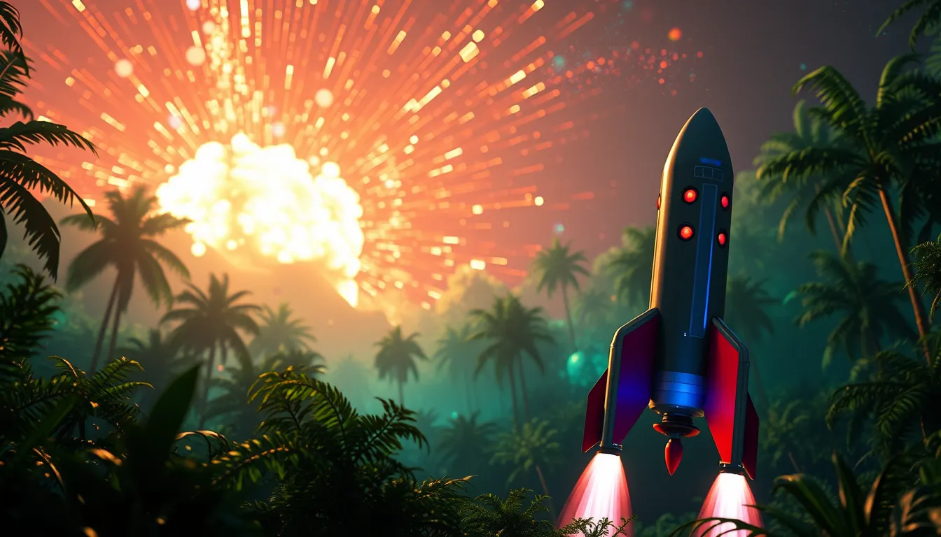 Studio ghibli, rocket explosion, jungle, solar, green technology, optimist future