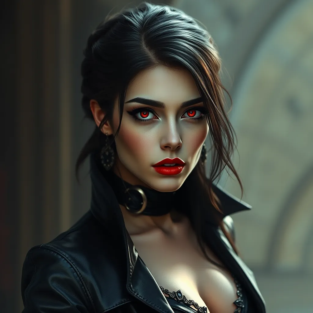 Alluring matte portrait of the beautiful romanian vampire woman in black leather, red eyes