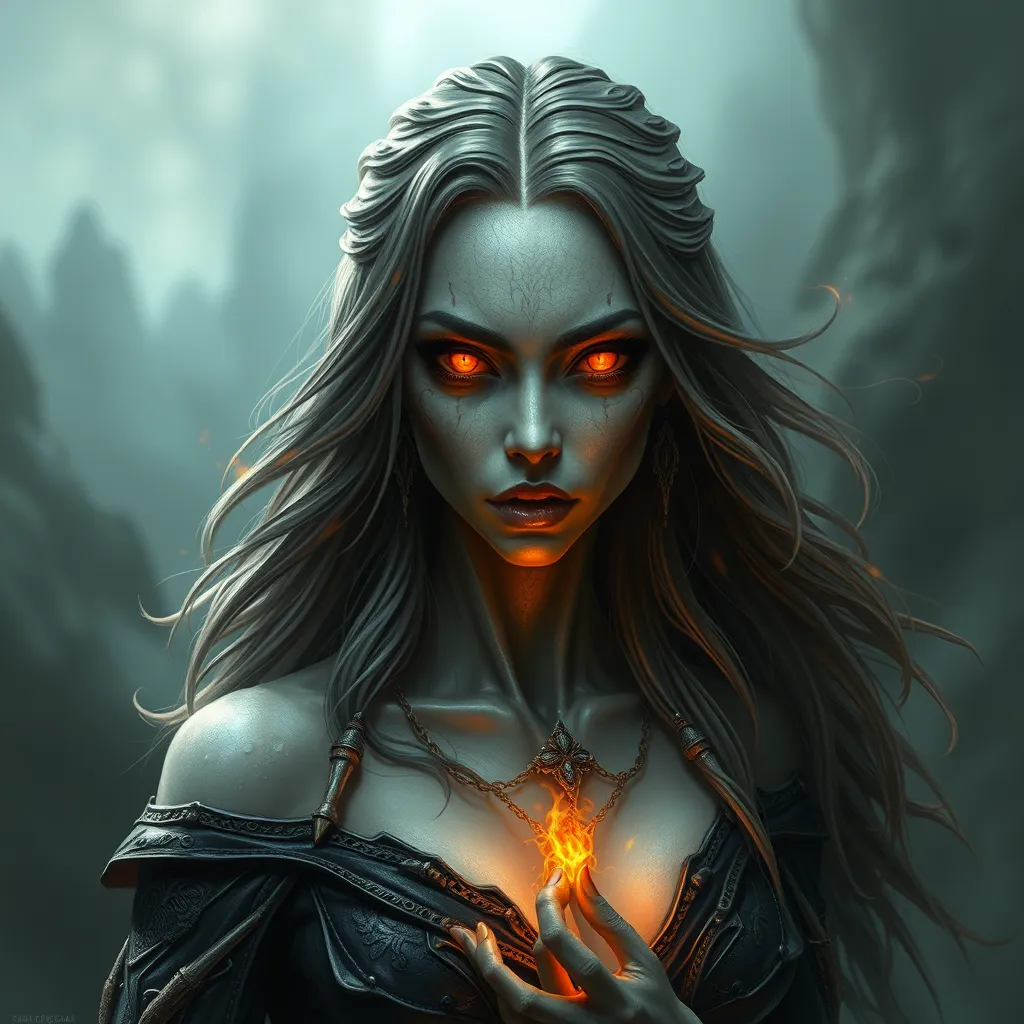 A powerful, ancient vampire sorceress with eyes that burn like embers and skin that seems to shift and ripple like the surface of a dark, mystical lake.