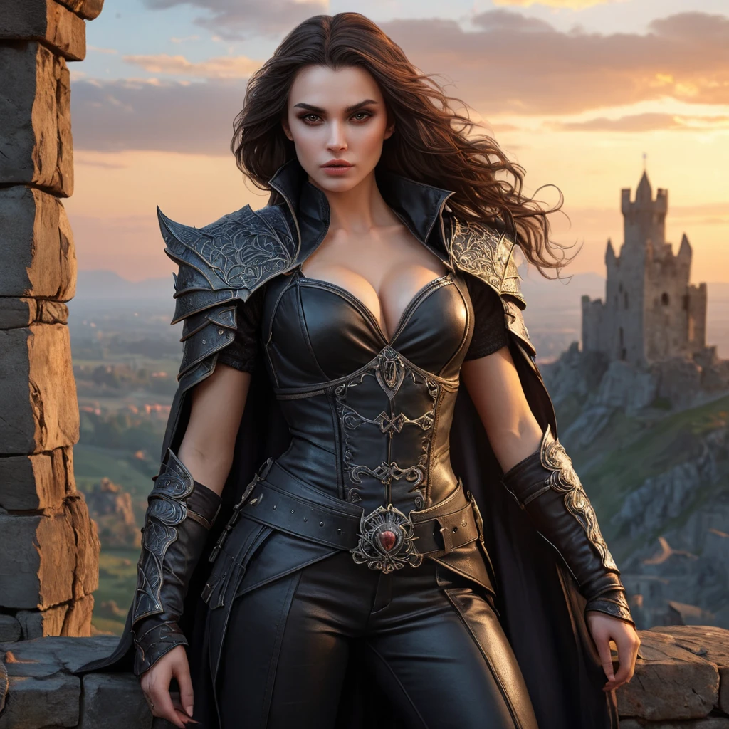 A fierce, battle-hardened vampire warrior with skin as tough as leather and eyes that blaze like hot coals, standing atop a ruined castle wall at sunset.