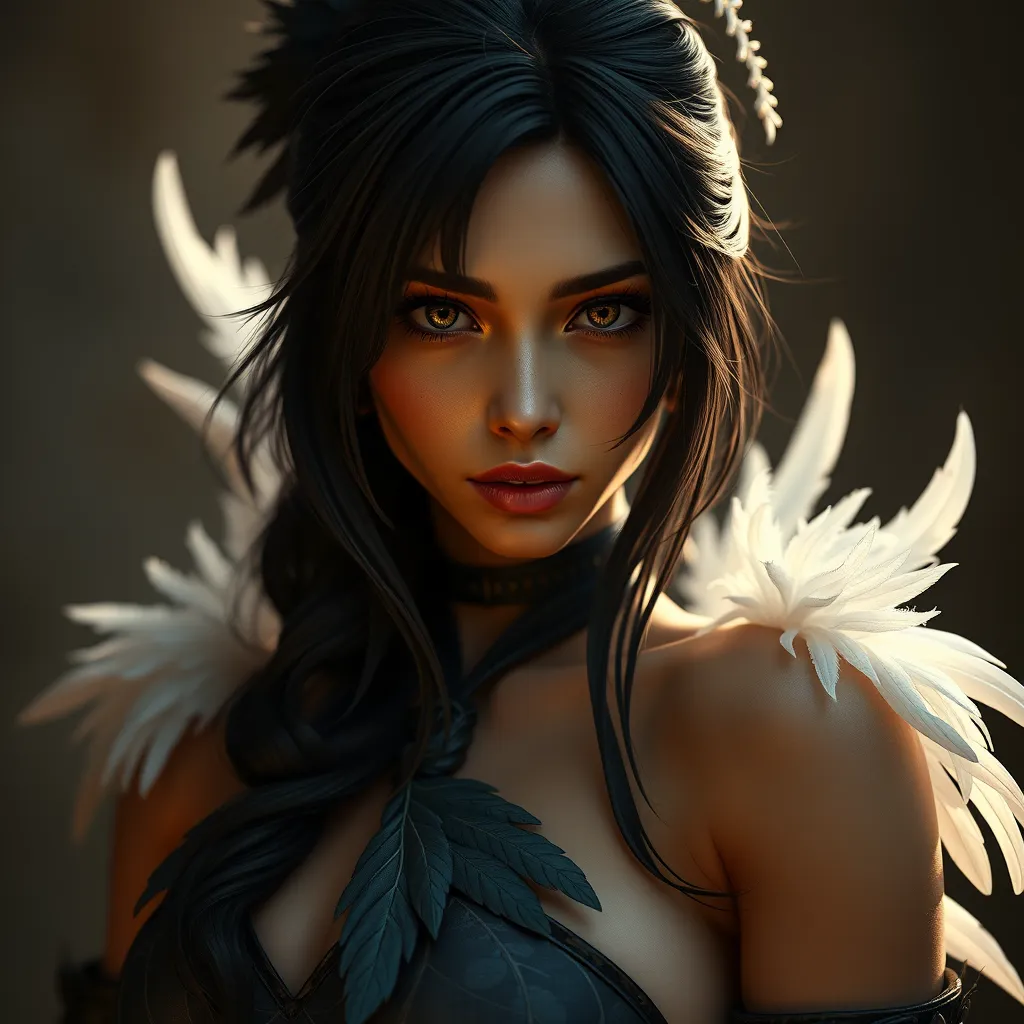 Alluring matte portrait of a beautiful Tifa Lockhart wearing feathers