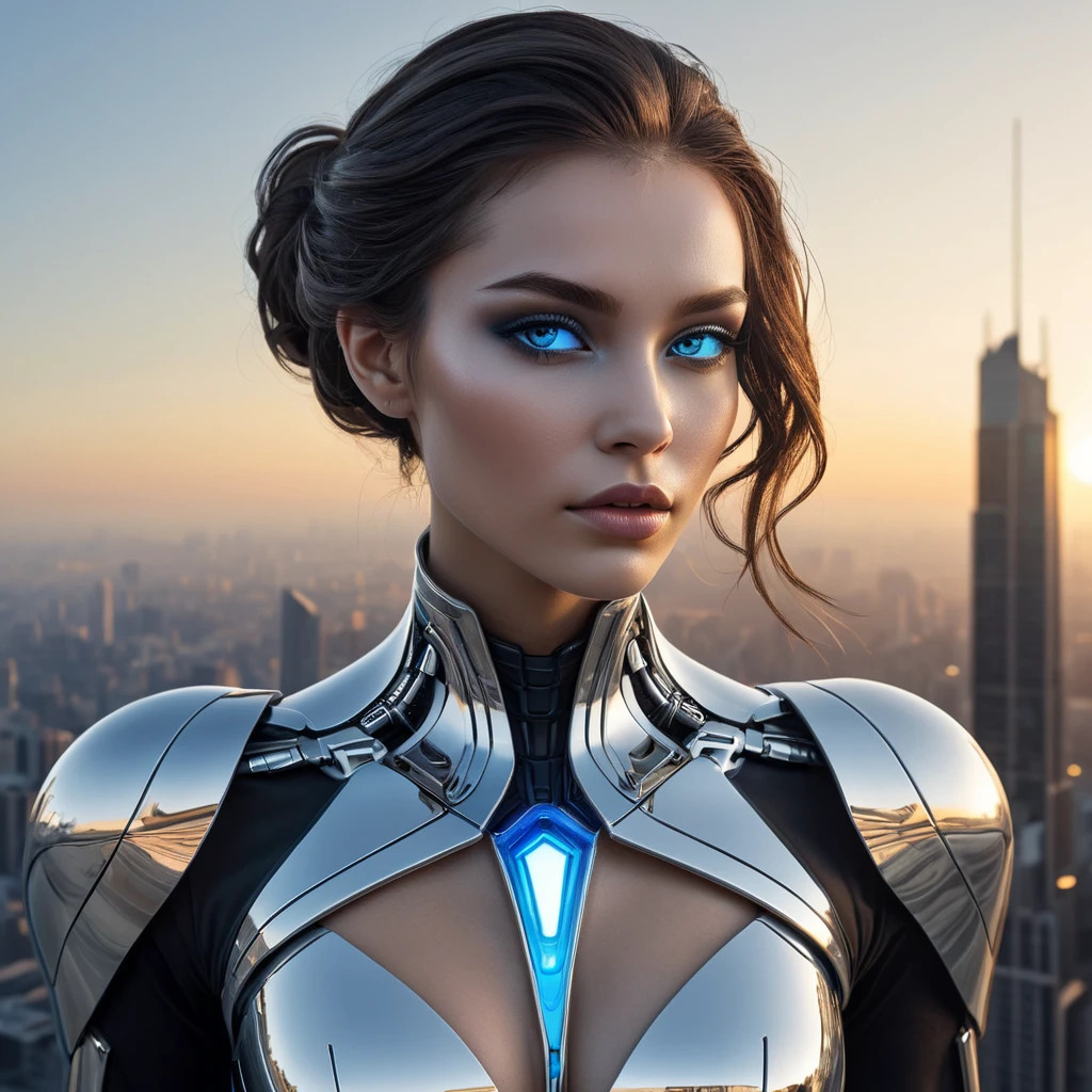 A stunning, futuristic vampire cyborg with skin that shimmers like the surface of a chrome-plated mirror and eyes that glow like hot blue LEDs, standing atop a skyscraper at dawn.