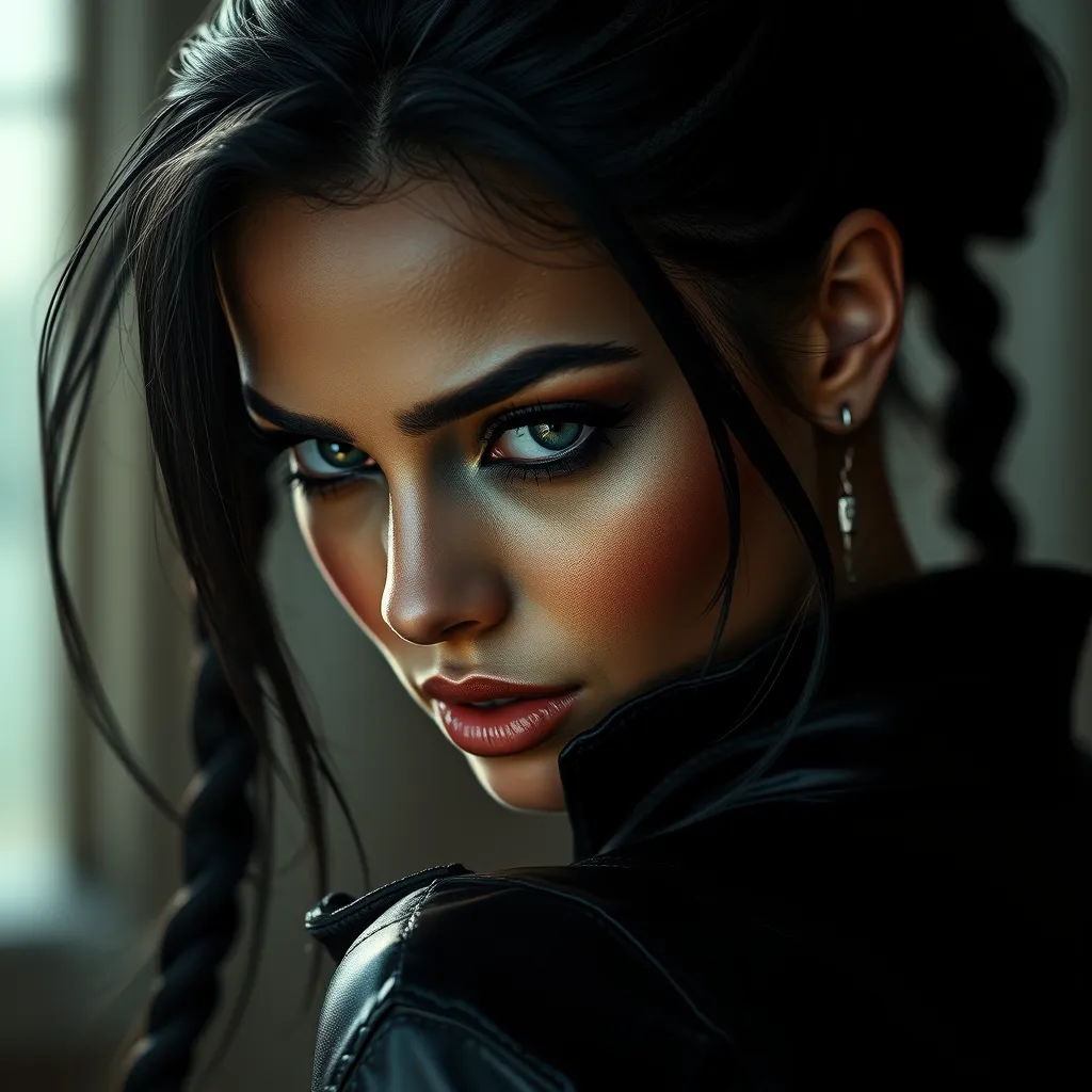 Alluring matte portrait of the beautiful Nidalee in black leather