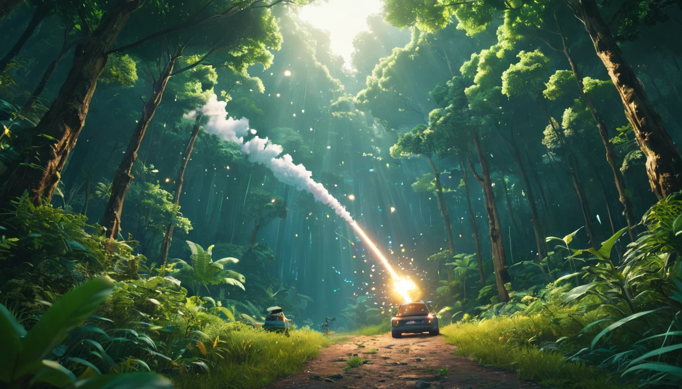 Studio ghibli, rocket explosion, jungle, solar, green technology, optimist future