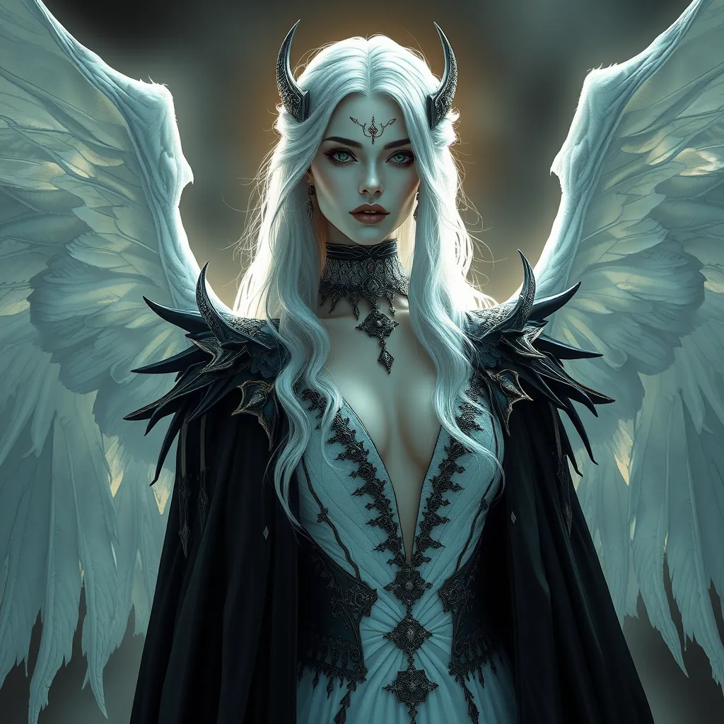 A beautiful, otherworldly vampire queen with skin as pale as snow and hair as bright as the golden sun, surrounded by a retinue of ghostly, winged attendants.