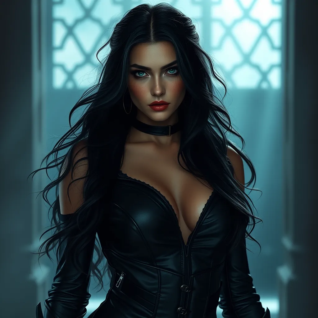 Alluring matte portrait of the beautiful Yennefer in black leather