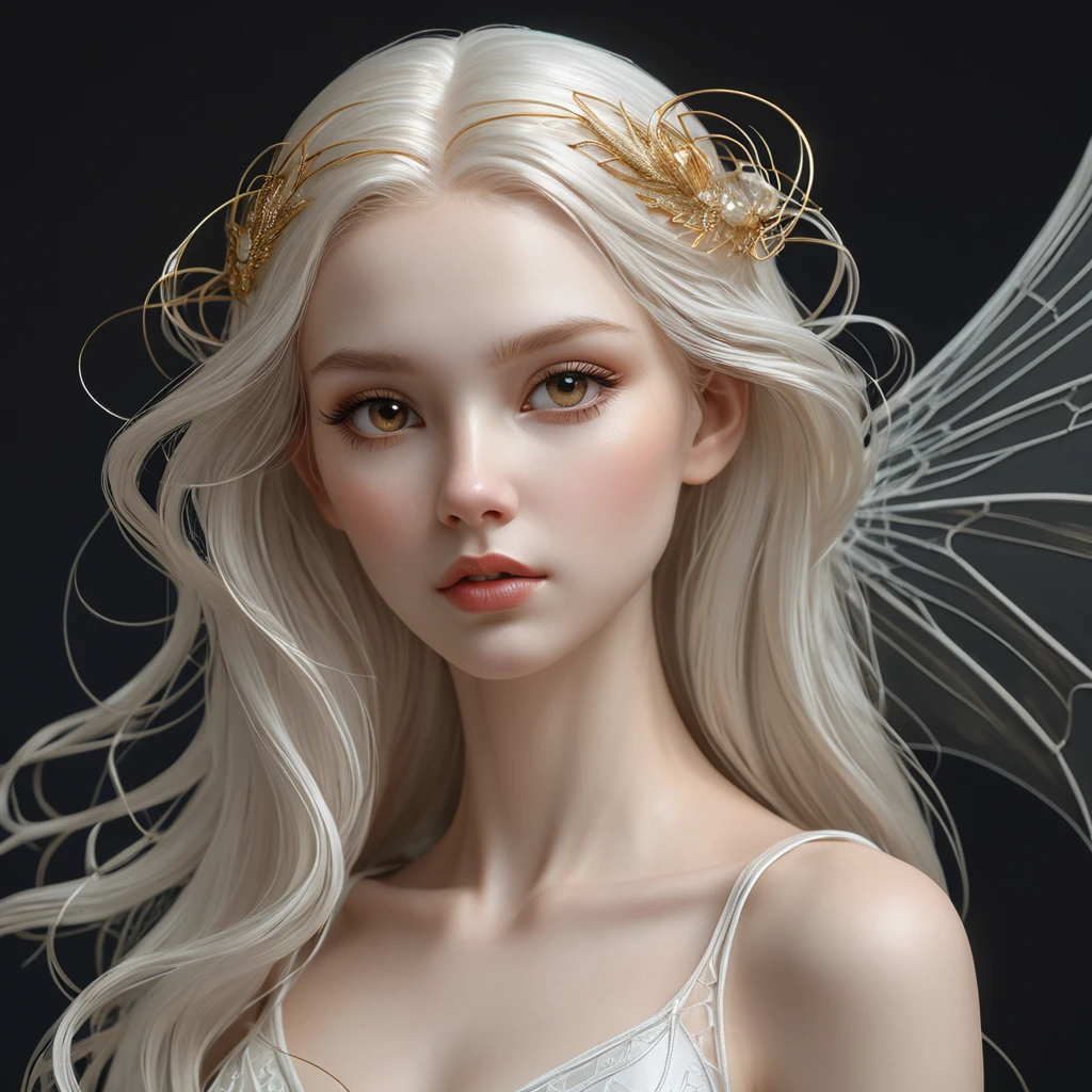 A delicate, porcelain-skinned vampire maiden with wings as transparent as glass and hair that flows like the golden threads of a spider's web.