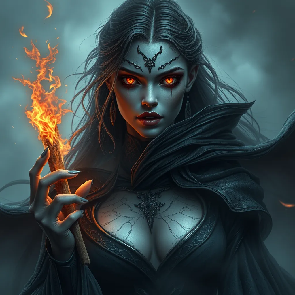 A powerful, ancient vampire sorceress with eyes that burn like embers and skin that seems to shift and ripple like the surface of a dark, mystical lake.