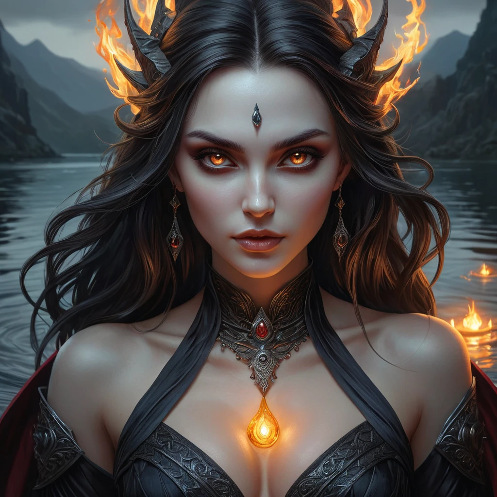 A powerful, ancient vampire sorceress with eyes that burn like embers and skin that seems to shift and ripple like the surface of a dark, mystical lake.