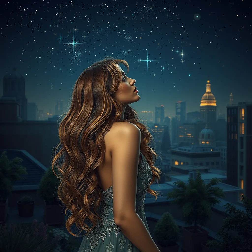 A captivating woman with long, wavy hair, gazing at the stars from a rooftop garden