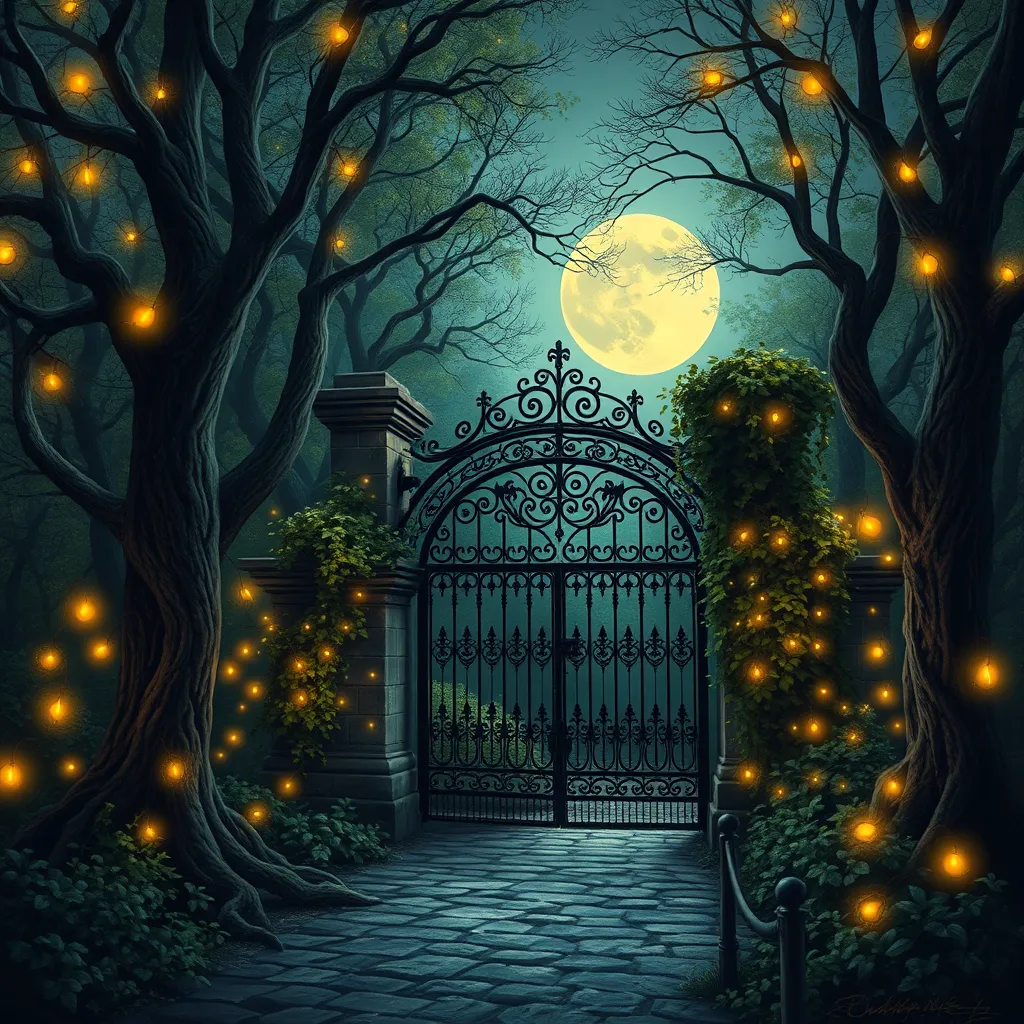 A beautiful digital illustration painting of a detailed gothic fantasy fireflies forest trees and iron gate cobblestone pathway vines full moon