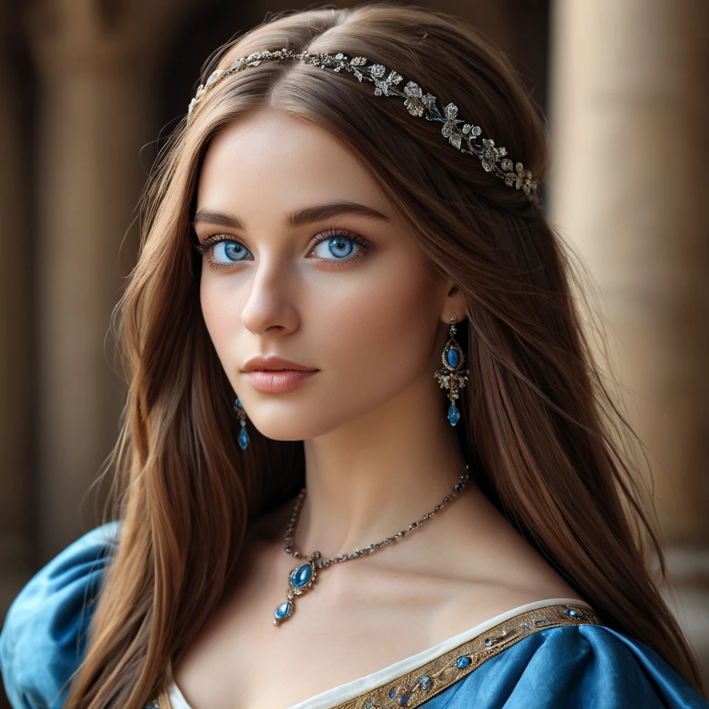 A gorgeous woman inspired by the Renaissance era, with long, straight brown hair and piercing blue eyes