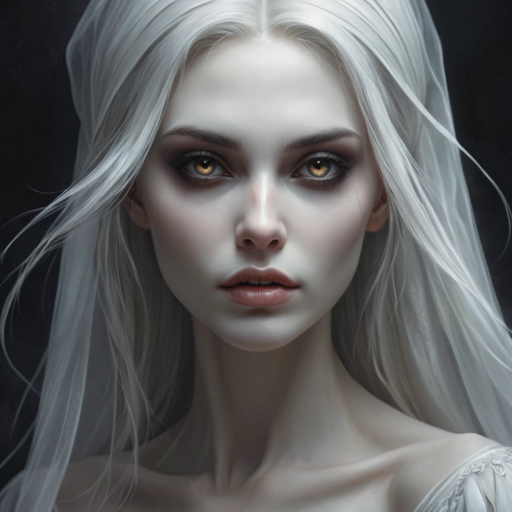 A haunting, ghostly vampire spirit with eyes that burn like candles in the dark and skin that seems to fade away like a mist in the morning light.