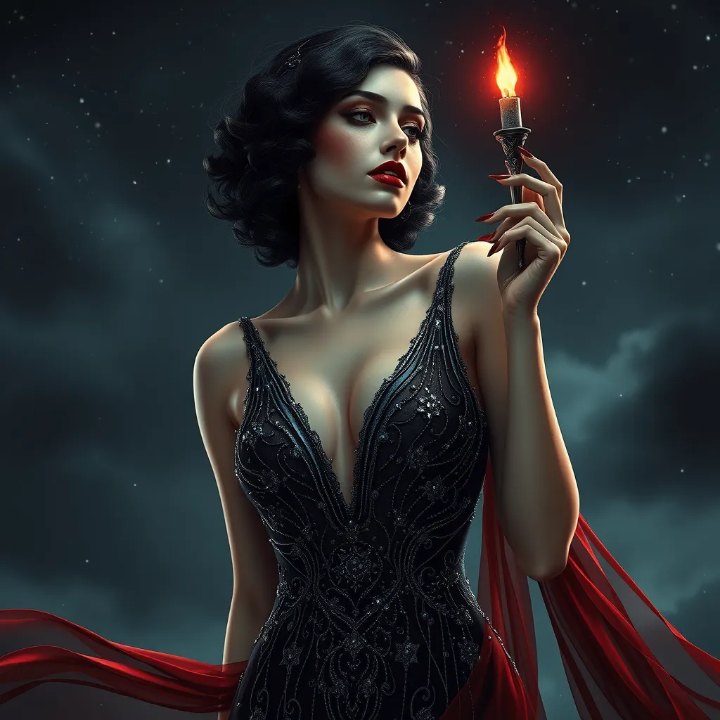 A seductive, 1920s-inspired vampire siren with a crimson lip and a flowing, beaded gown that shimmers like the stars in a midnight sky.