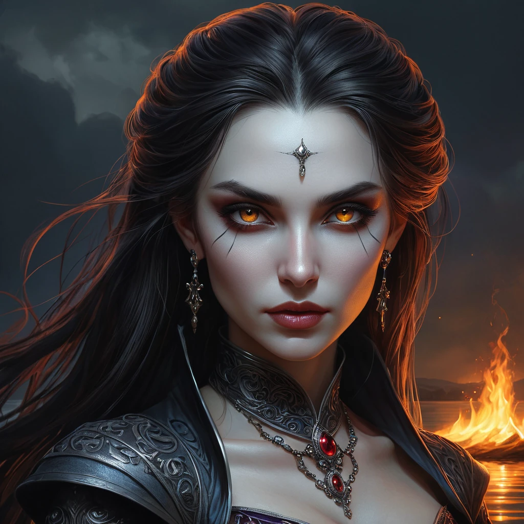 A powerful, ancient vampire sorceress with eyes that burn like embers and skin that seems to shift and ripple like the surface of a dark, mystical lake.