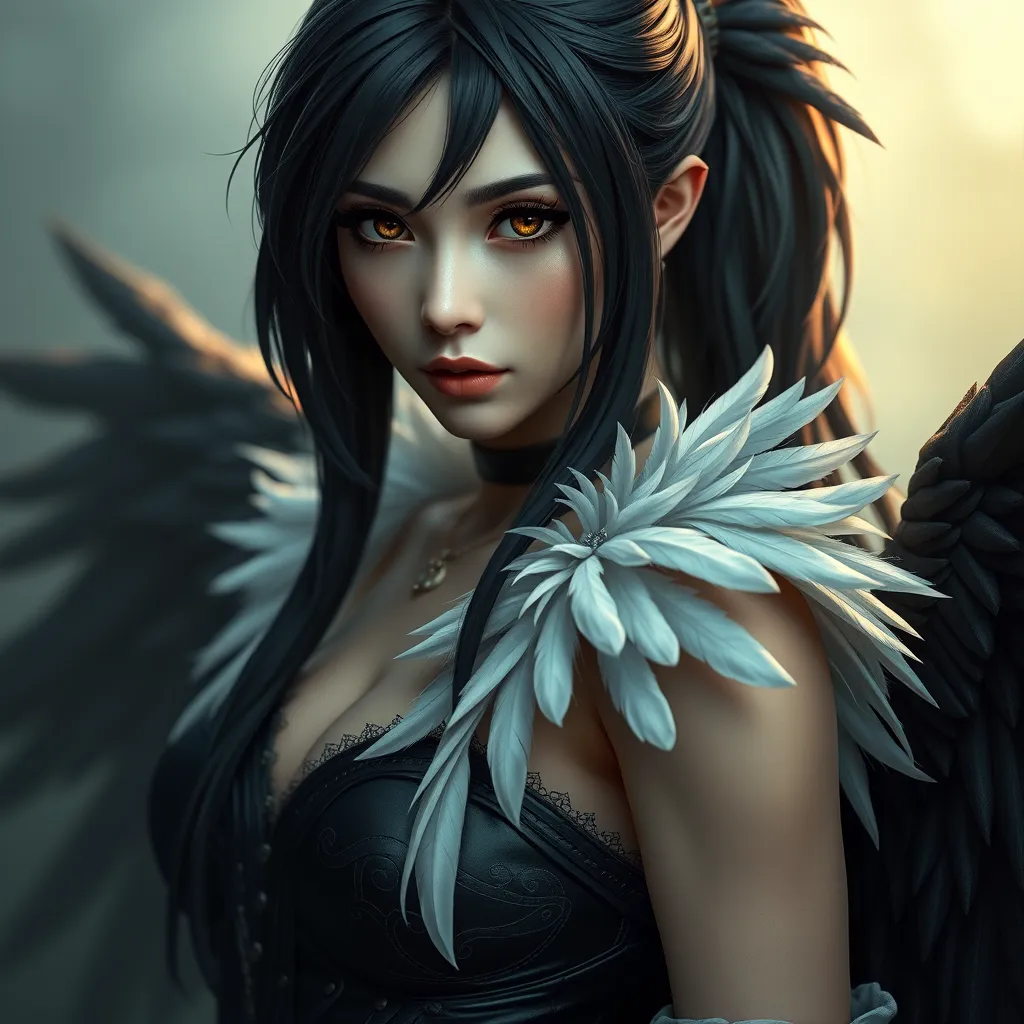 Alluring matte portrait of a beautiful Tifa Lockhart wearing feathers