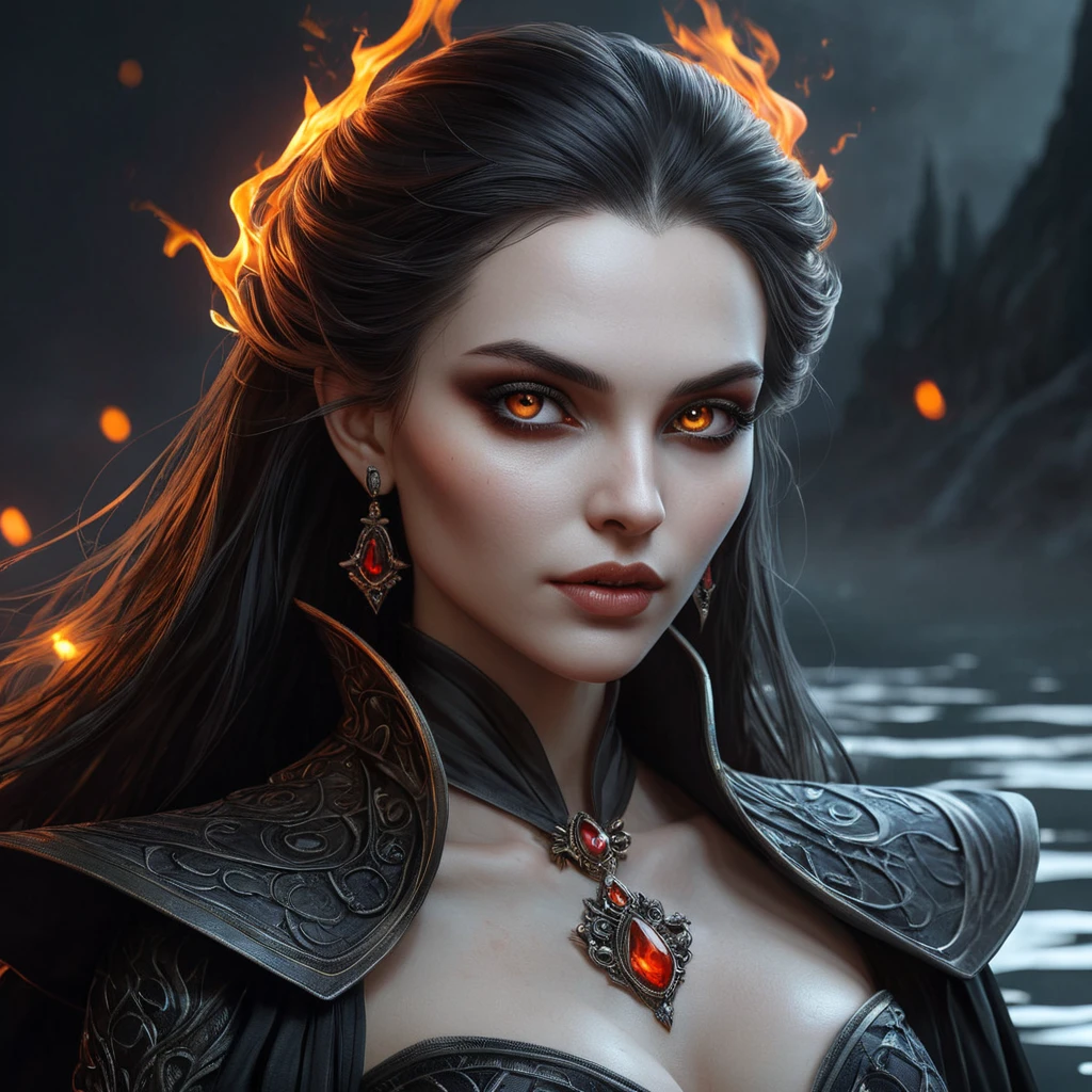 A powerful, ancient vampire sorceress with eyes that burn like embers and skin that seems to shift and ripple like the surface of a dark, mystical lake.