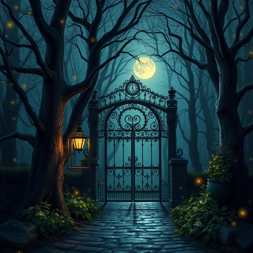 A beautiful digital illustration painting of a detailed gothic fantasy fireflies forest trees and iron gate cobblestone pathway vines full moon