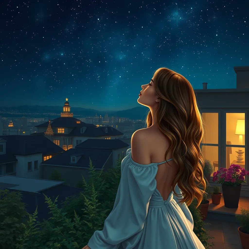 A captivating woman with long, wavy hair, gazing at the stars from a rooftop garden