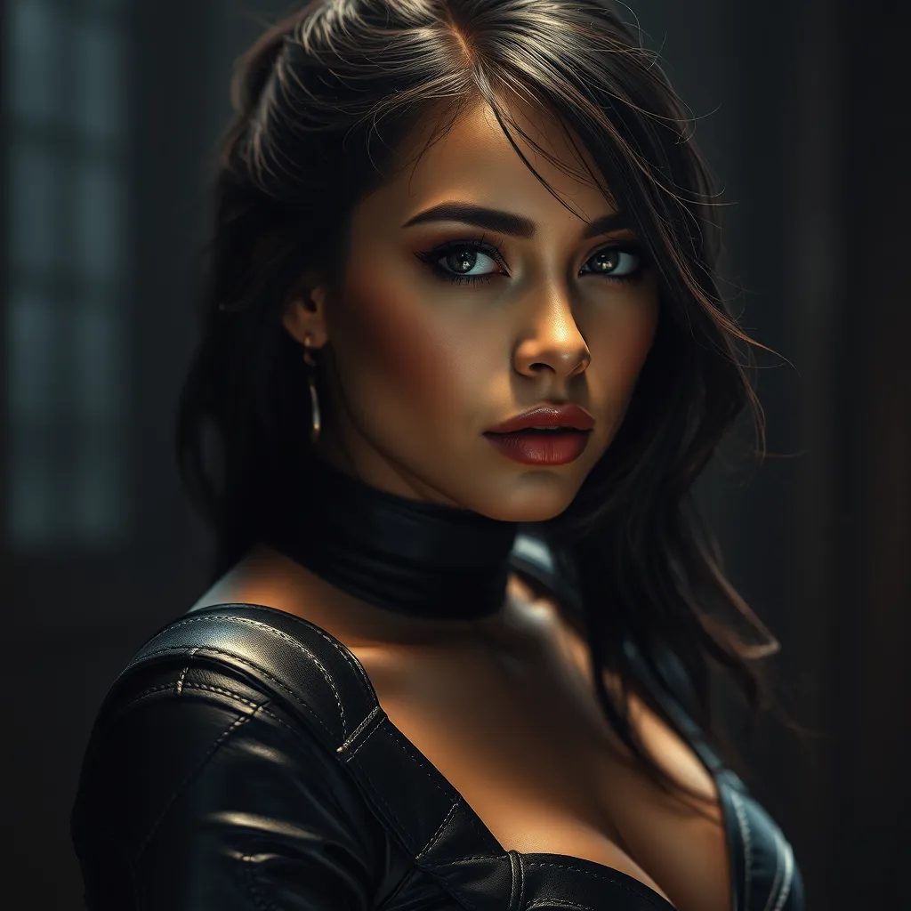 Alluring matte portrait of the beautiful Nidalee in black leather