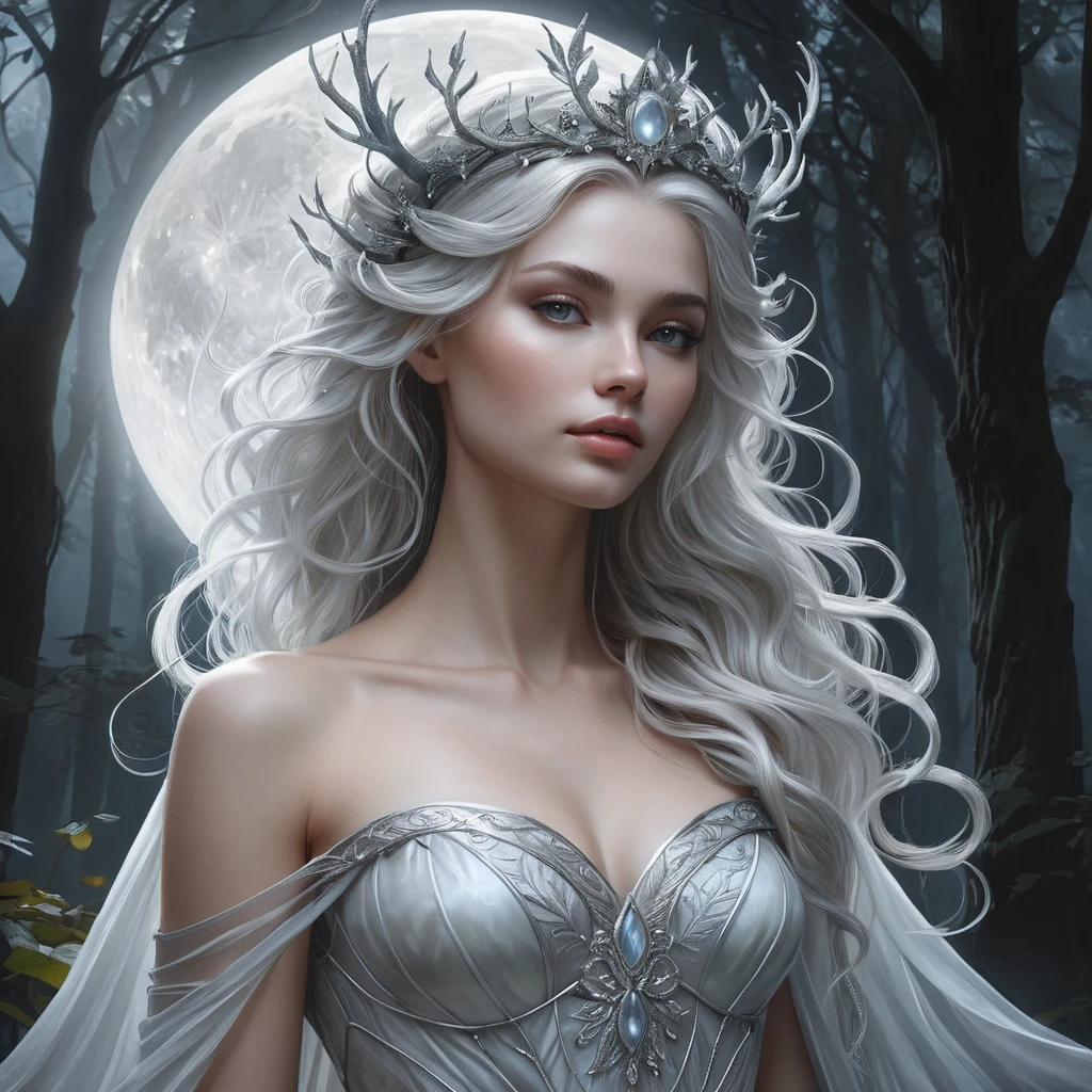 A mystical, moonlit forest queen with skin as pale as alabaster and hair as black as the night sky, surrounded by a halo of ethereal mist.