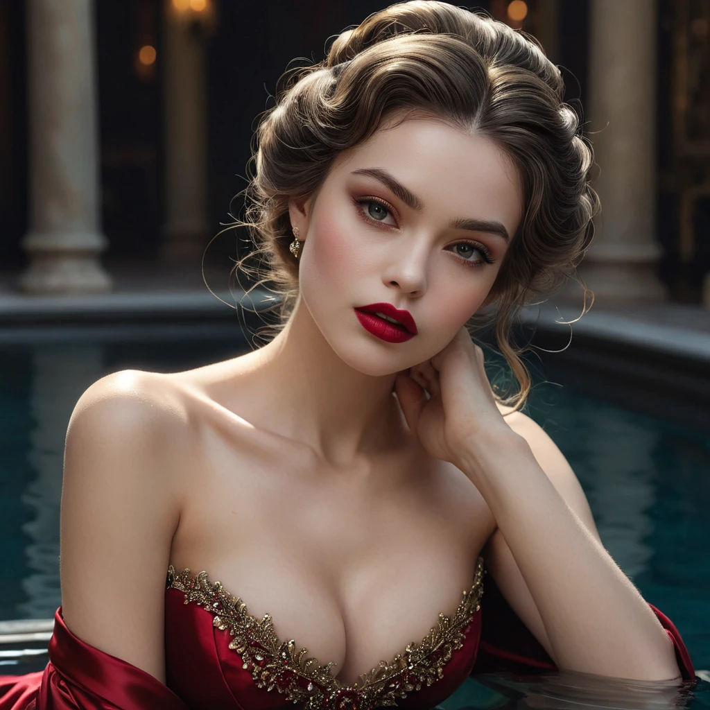 A sensual, 19th-century-inspired vampire courtesan with a ruby-red lip and a gown that seems to shimmer and shine like the surface of a still, dark pool.