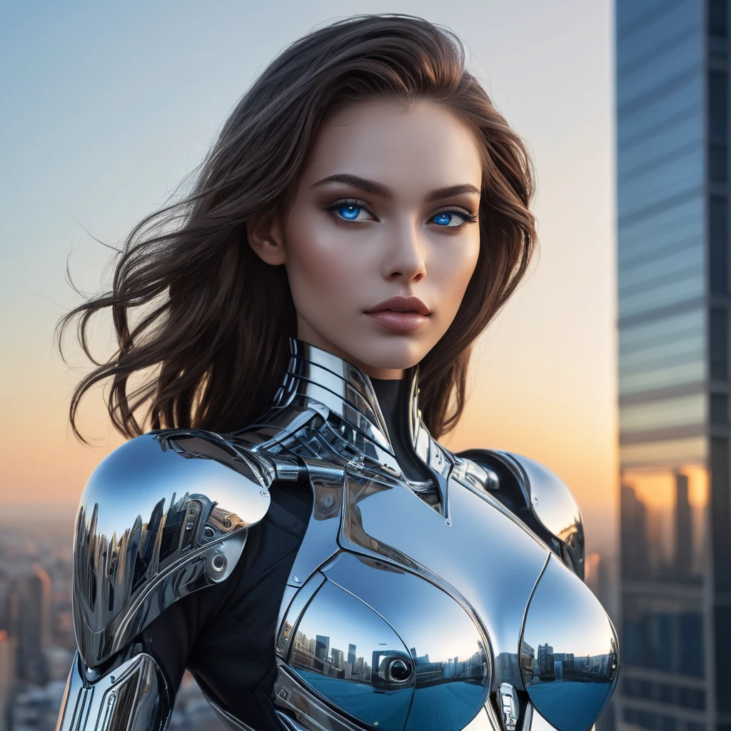 A stunning, futuristic vampire cyborg with skin that shimmers like the surface of a chrome-plated mirror and eyes that glow like hot blue LEDs, standing atop a skyscraper at dawn.