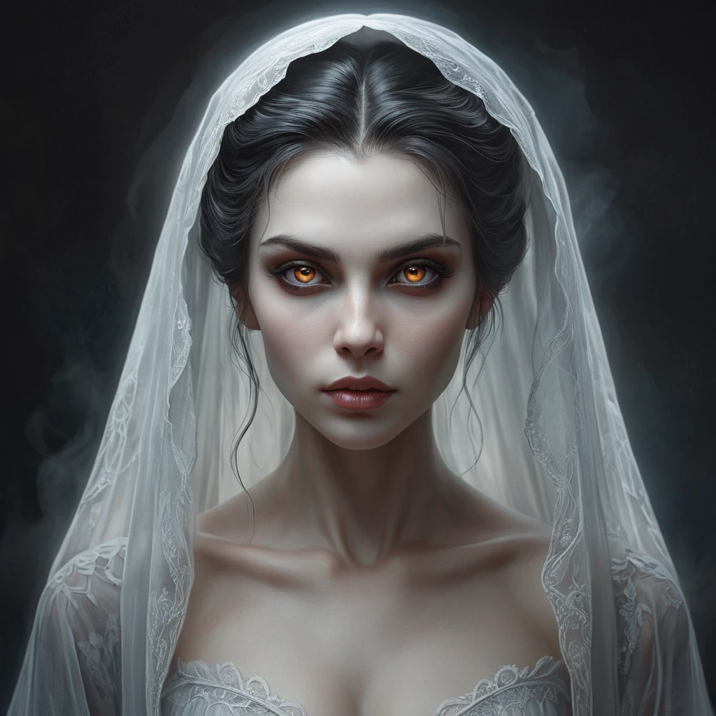 A haunting, ghostly vampire spirit with eyes that burn like candles in the dark and skin that seems to fade away like a mist in the morning light.