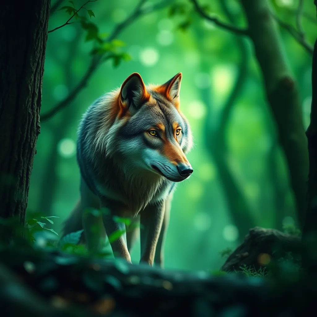 A wolf in a green magical forest