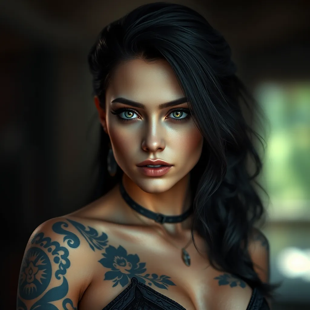 Matte portrait of Morgana with tattoos