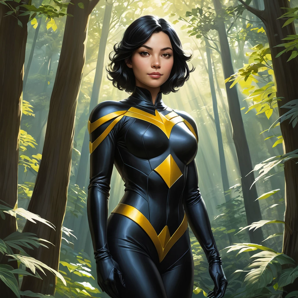 Cassandra Cain in a tranquil forest clearing, the sunlight filtering through the trees, her pose relaxed yet alert.