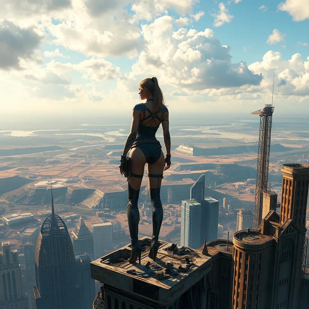 A2 standing atop a ruined skyscraper, the horizon behind her a blend of natural landscapes and the metallic structures of a post-apocalyptic world.