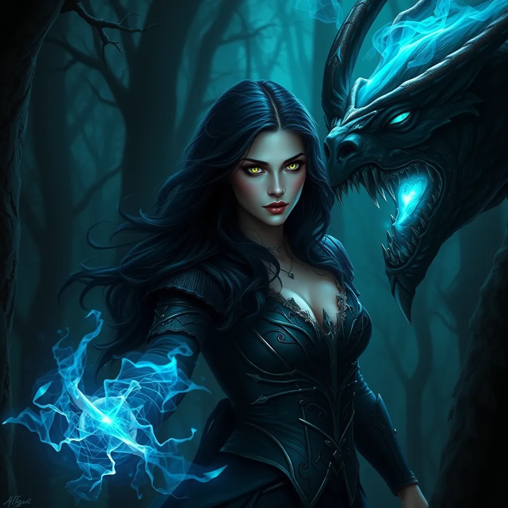 Yennefer in a dark, enchanted forest, her eyes glowing with magical energy as she confronts a mythical creature