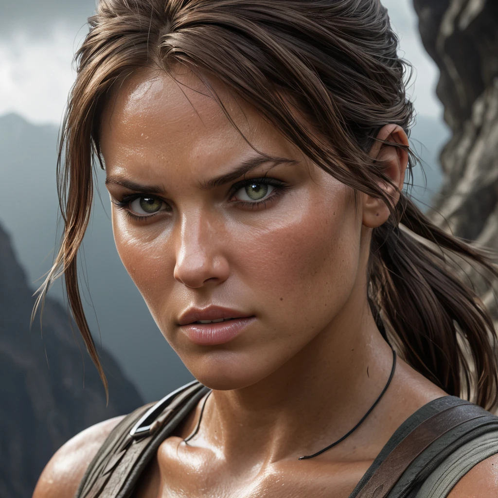 A dramatic close-up of Lara Croft, her eyes intense and focused, set against a stormy, rugged cliffside, emphasizing her resilience and determination.