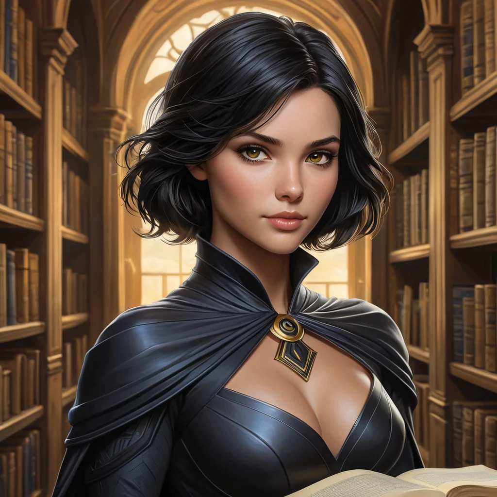 Cassandra Cain in a serene library setting, surrounded by ancient tomes, her eyes conveying a deep sense of wisdom and mystery.