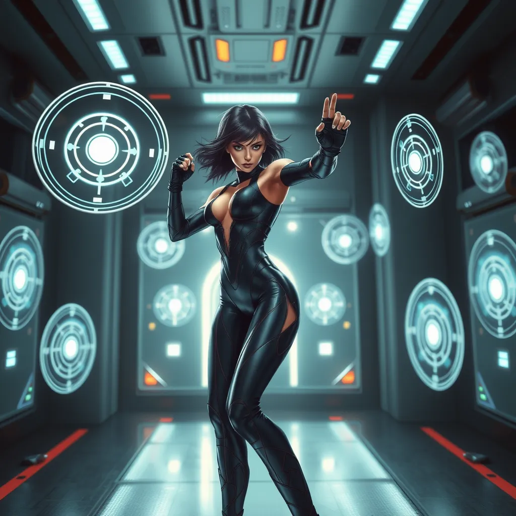 Cassandra Cain in a high-tech training room, various holographic targets around her, her body in a fluid, combat-ready stance.