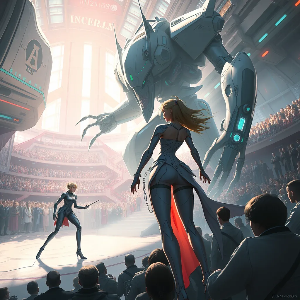 A futuristic battle arena where A2 faces off against a colossal, mechanized enemy, the audience a mix of human and android onlookers, cheering her on.