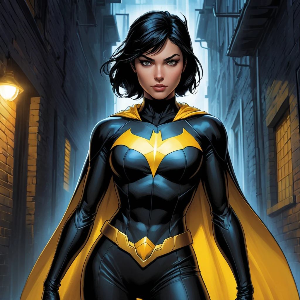 Cassandra Cain in a classic comic book style, rendered in vibrant colors, standing in a dark alley with a single beam of light highlighting her determined face.