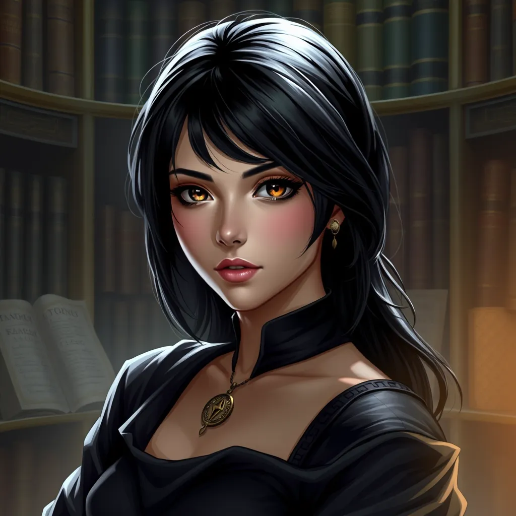 Cassandra Cain in a serene library setting, surrounded by ancient tomes, her eyes conveying a deep sense of wisdom and mystery.