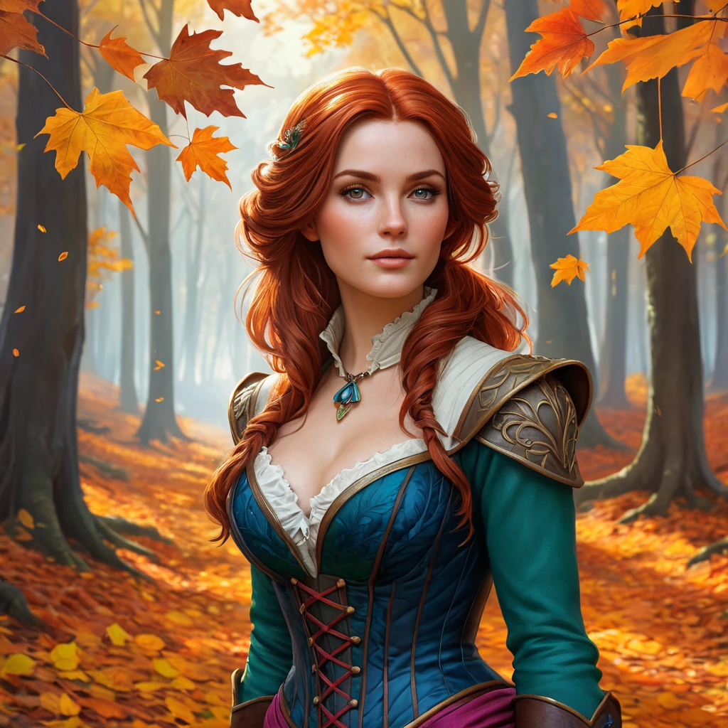 Triss in a vibrant, autumnal forest, her hair matching the fiery colors of the leaves as she walks a leaf-strewn path