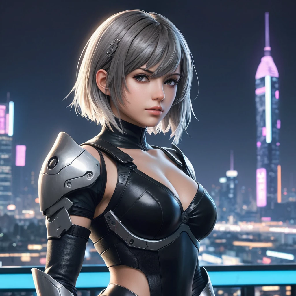 A stunning portrait of A2 from Nier Automata, set against a backdrop of a futuristic cityscape at dusk, with neon lights reflecting off her sleek, angular armor.