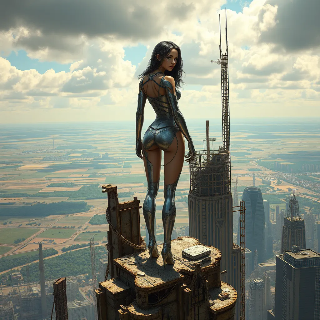 A2 standing atop a ruined skyscraper, the horizon behind her a blend of natural landscapes and the metallic structures of a post-apocalyptic world.