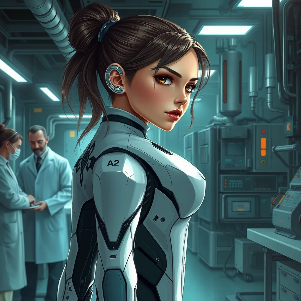 A detailed illustration of A2's backstory, showing her as a young prototype in a high-tech laboratory, with scientists and machinery in the background.