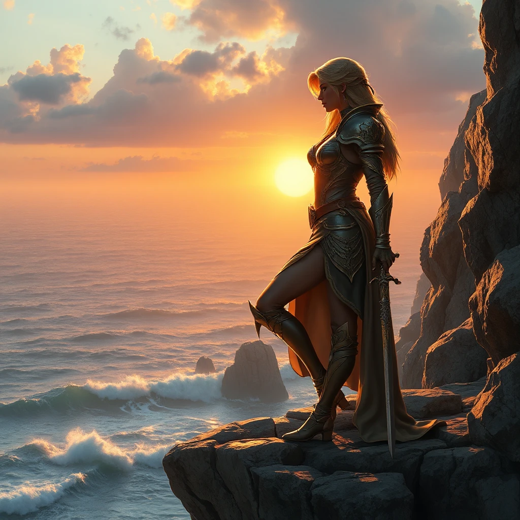 Ciri on a rocky cliff overlooking a vast ocean, the sun setting behind her, casting a golden glow on her armor and the waves below