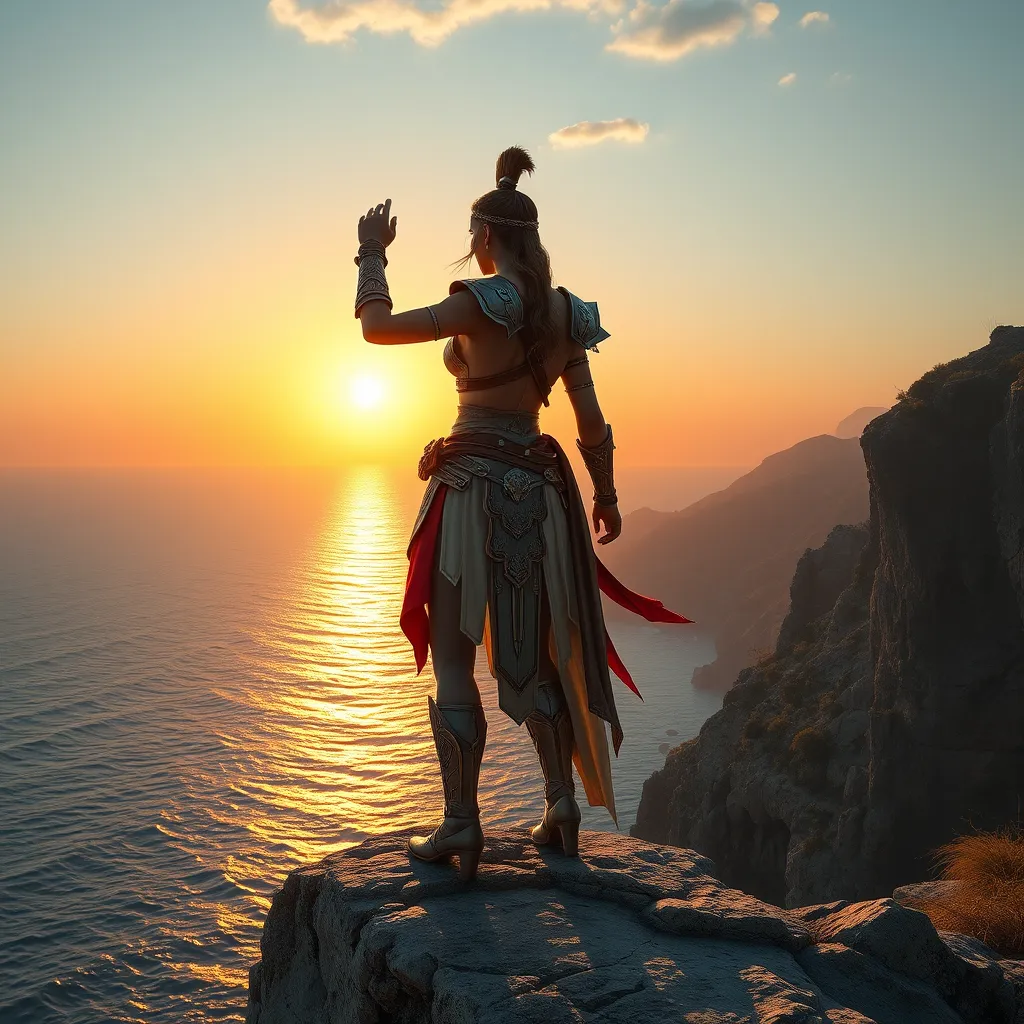 Kassandra from Assassin's Creed, standing atop a cliff overlooking the Aegean Sea, with the sun setting behind her, casting a golden glow on her armor and the waves below