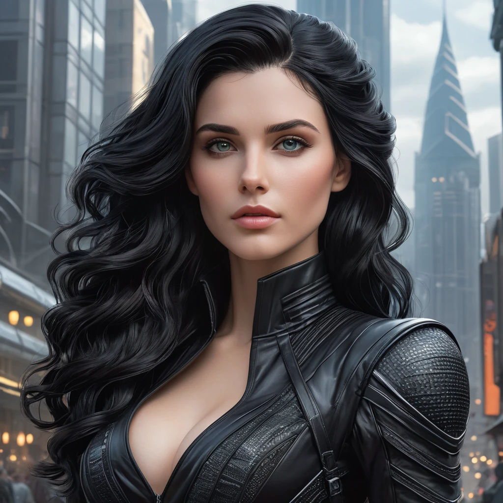 Yennefer in a high-tech, futuristic cityscape, her attire modern yet retaining her classic elegance, her gaze focused on a floating screen