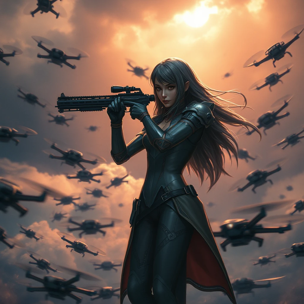 A cinematic scene where A2 is surrounded by a swarm of enemy drones, her weapon drawn, with a dramatic spotlight highlighting her against the dark, stormy sky.