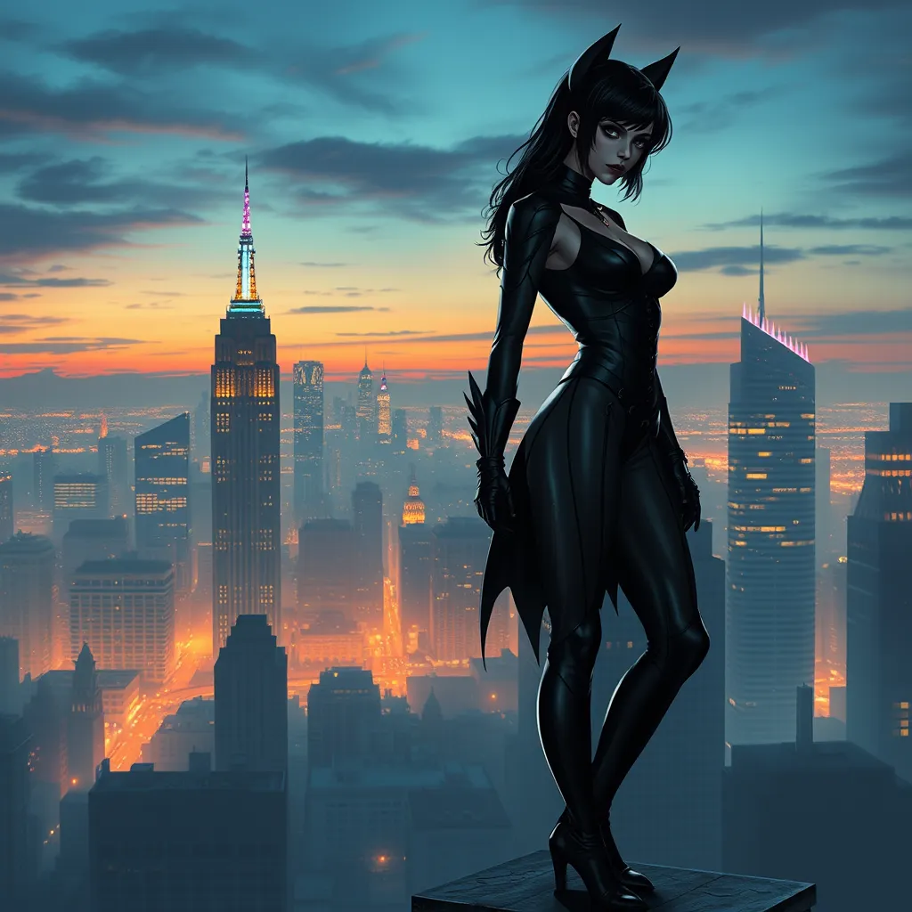 Cassandra Cain standing atop a city rooftop at twilight, the skyline of Gotham City illuminated behind her, her silhouette sharp against the urban glow.